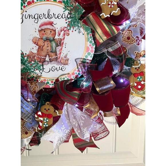 Handmade Gingerbread Love Christmas Holiday Ribbon Door Wreath 22 ins W56 - Picture 10 of 13